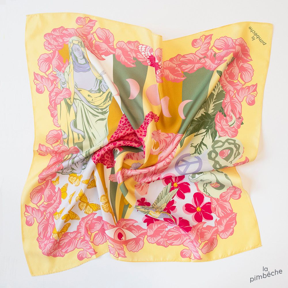 Silk 100% soie la pimbeche artist Montreal local woman owned business yellow pink scarve foulards bandanna design in Montreal