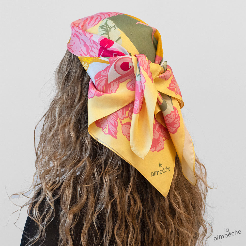 Silk 100% soie la pimbeche artist Montreal local woman owned business yellow pink scarve foulards bandanna design in Montreal