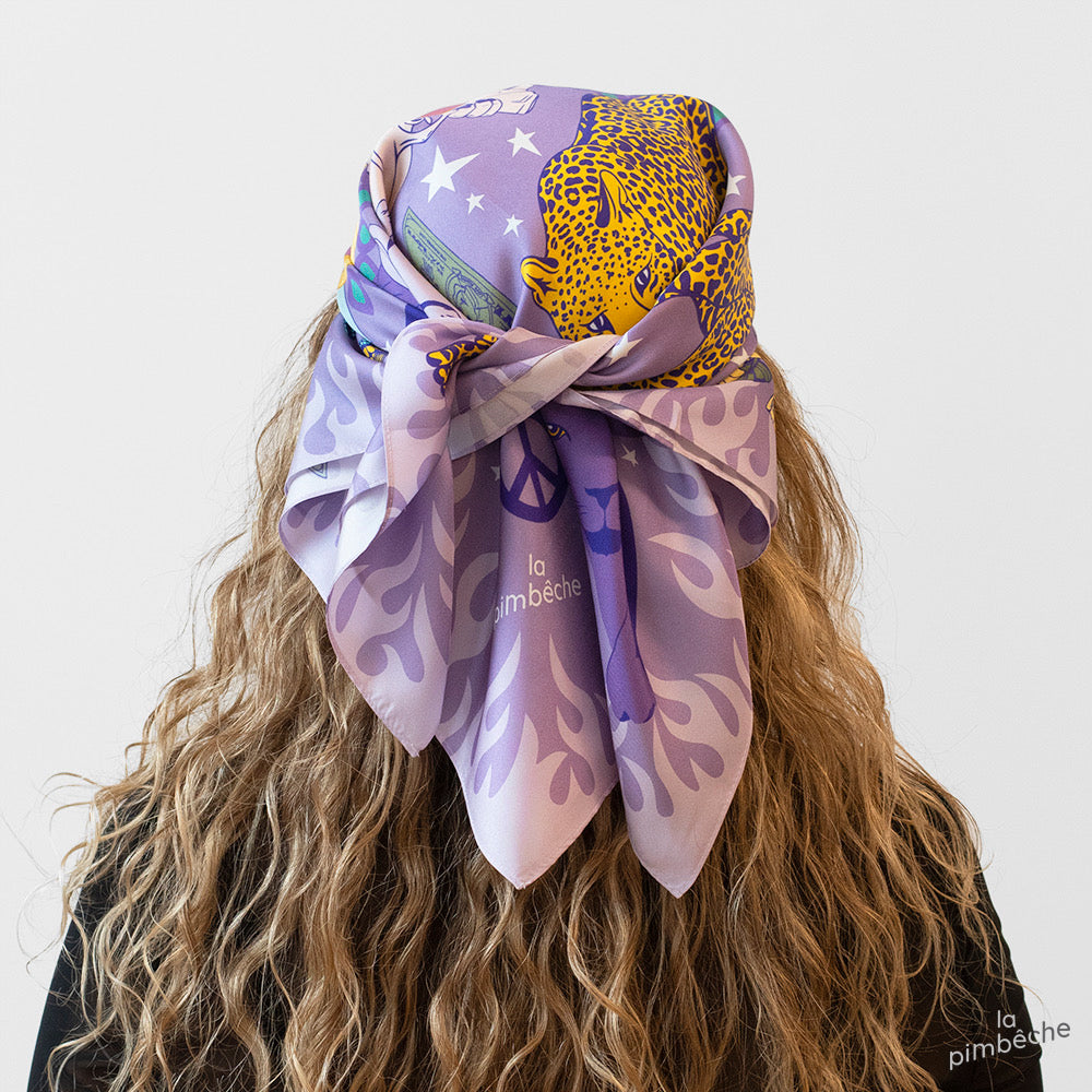 Silk 100% soie la pimbeche artist Montreal local woman owned business purple mauve violet scarves silk  foulards bandanna design in Montreal