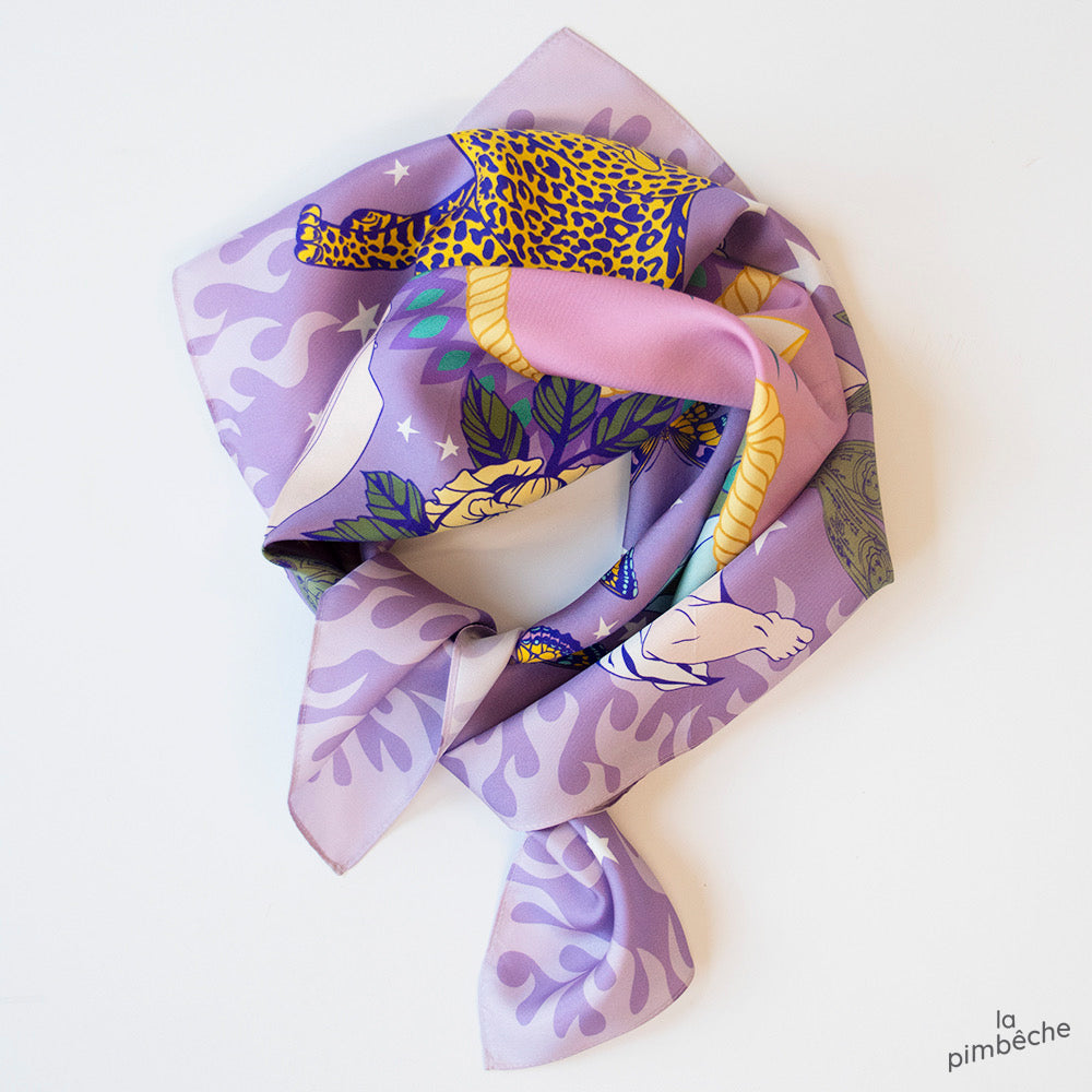 Silk 100% soie la pimbeche artist Montreal local woman owned business purple mauve violet scarves silk  foulards bandanna design in Montreal