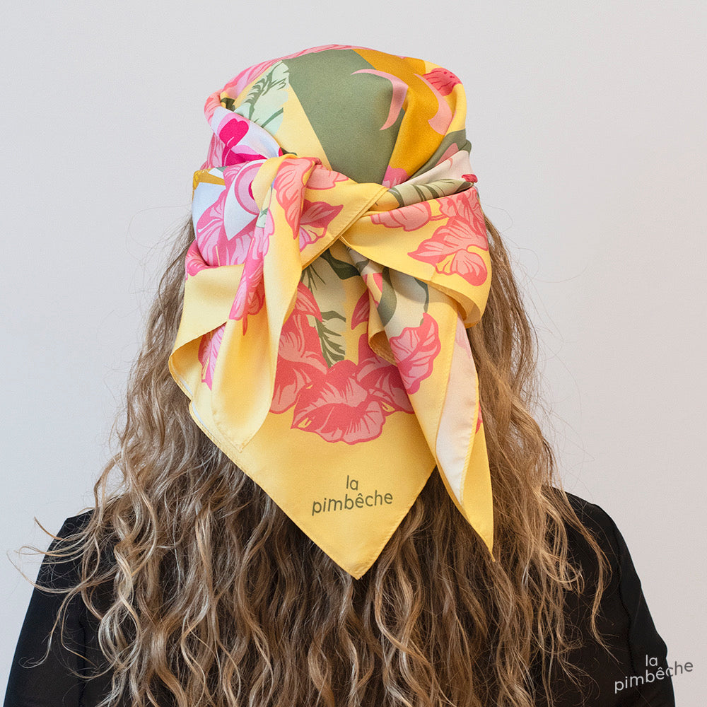 Silk 100% soie la pimbeche artist Montreal local woman owned business yellow pink scarve foulards bandanna design in Montreal 