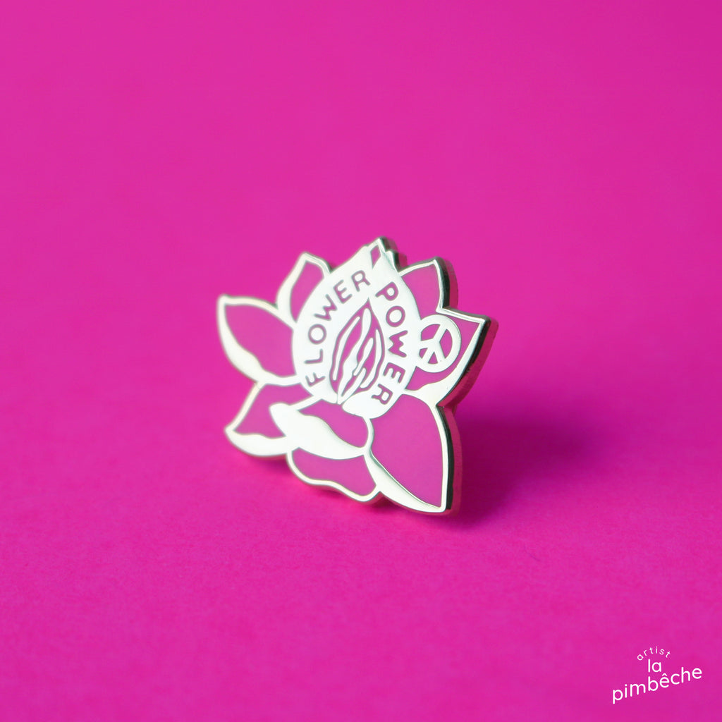 Flower Power pin enamel metal pin from La Pimbêche Montreal artist feminist pin peace self-love