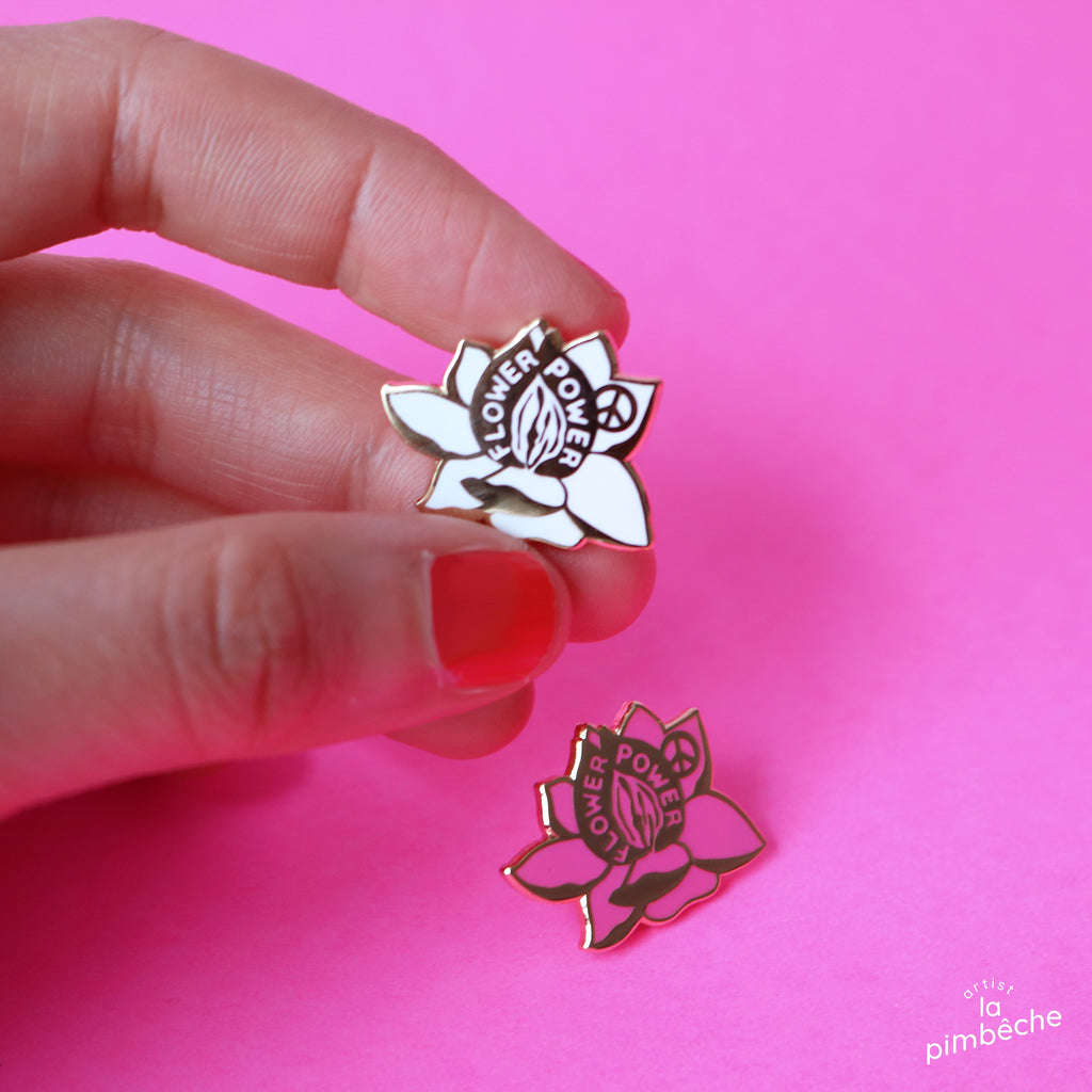 Flower Power pin enamel metal pin from La Pimbêche Montreal artist feminist pin peace self-love