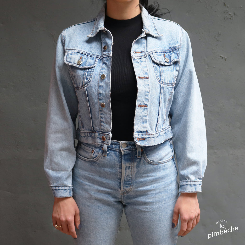 Thrifted vintage denim jacket upcycled jean jacket by La Pimbêche Montreal artist