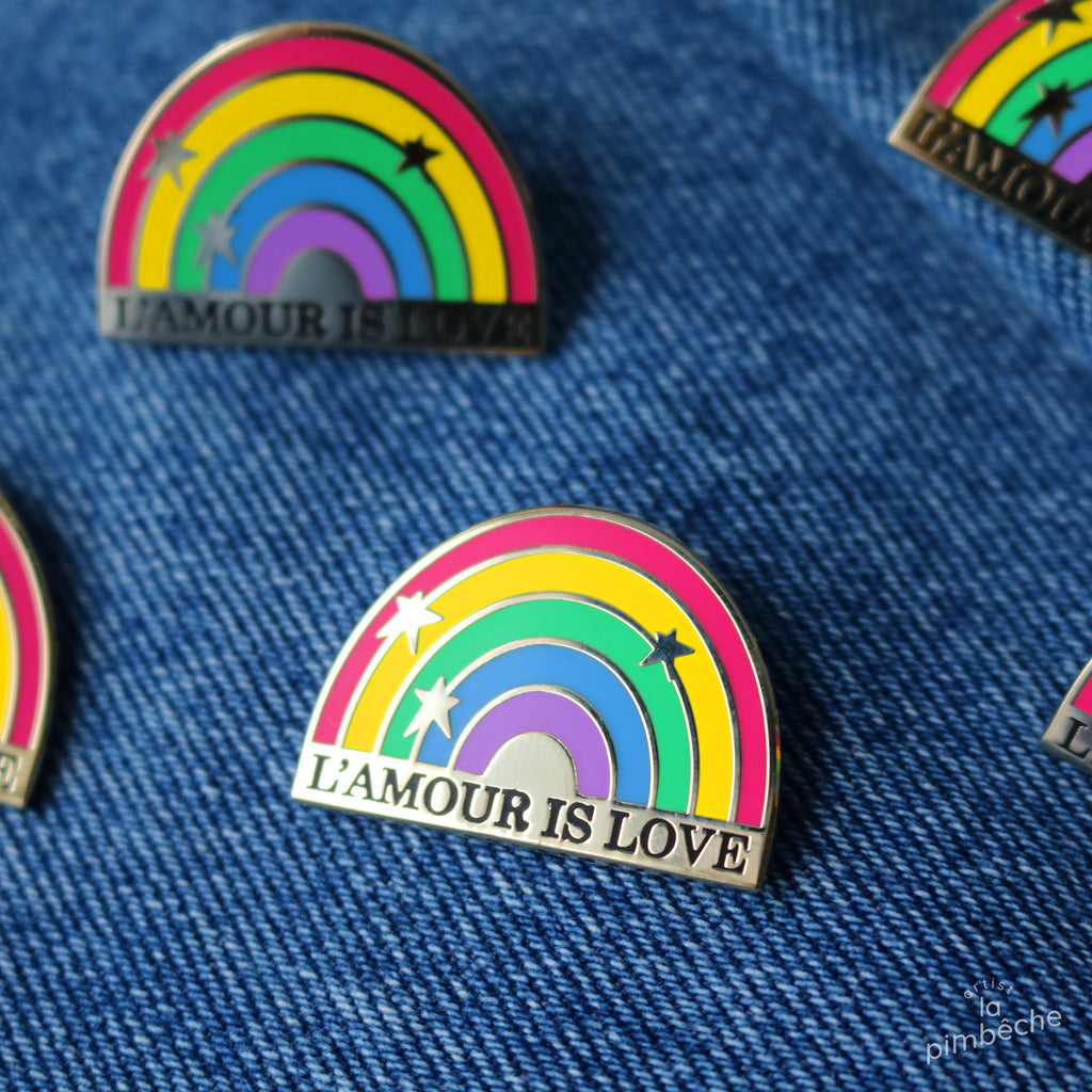 L'amour is love pin from La Pimbêche Pride feminist artist from Montreal, Canada