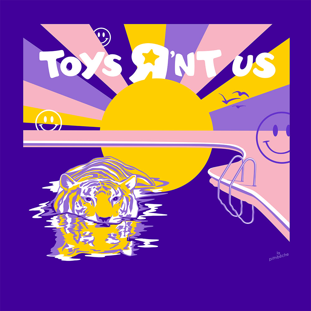 Toys R Us design by La Pimbêche print screen in Montreal, tiger lovers, purple yellow pink.