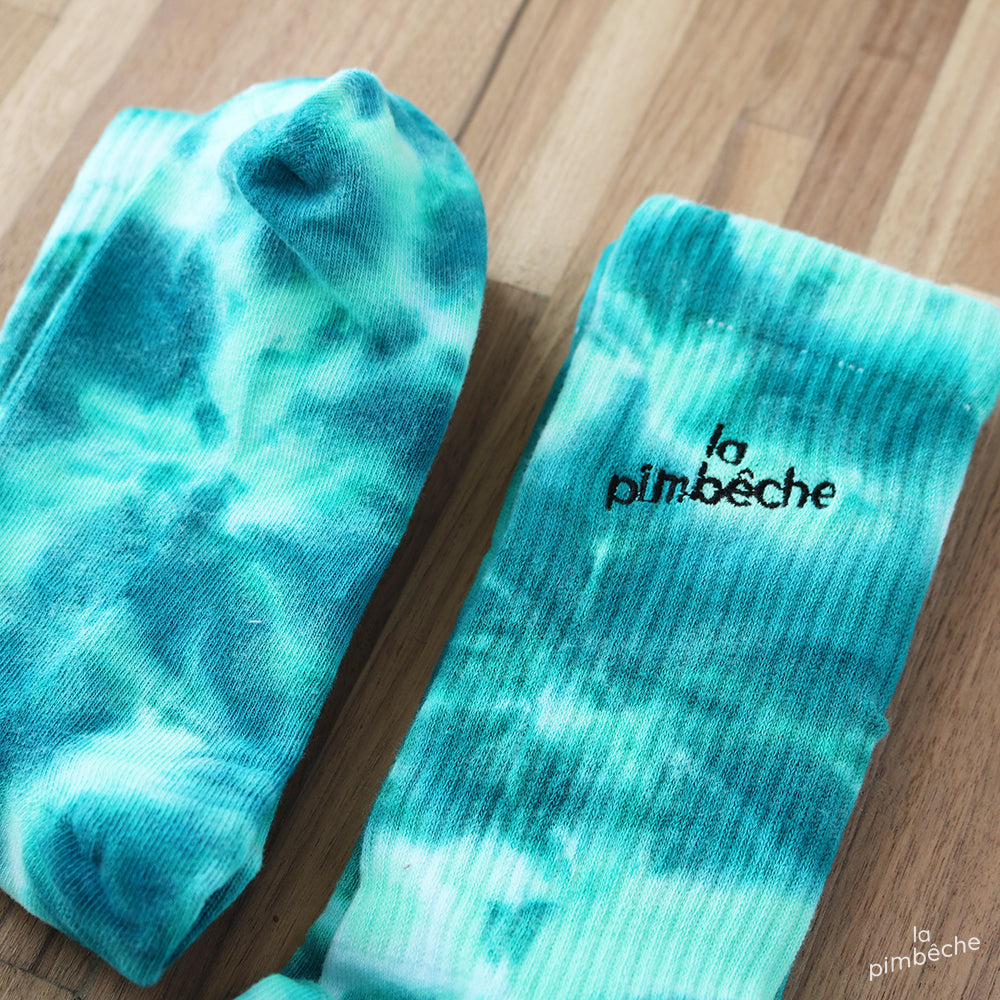 teal blue tie dye socks La Pimbeche Montreal canada brand local
